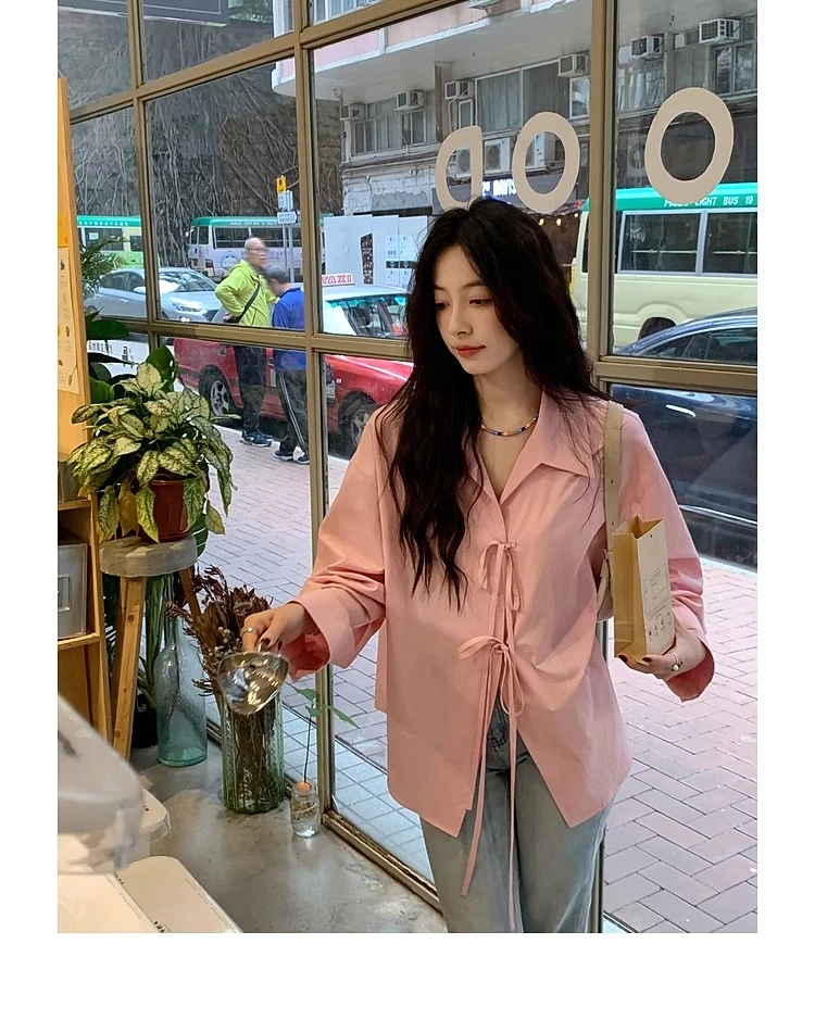 拼接宽松时尚蝴蝶结系带长袖蝴蝶春秋翻领复古衬衫