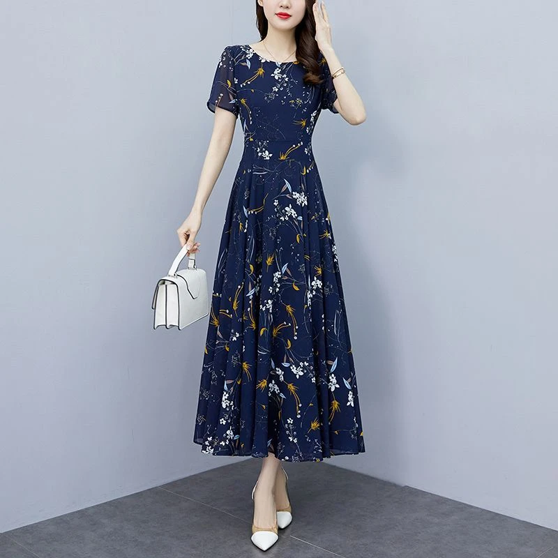 2025新款高档碎花短袖连衣裙大码收腰显瘦遮肚印花冰丝清凉长裙子