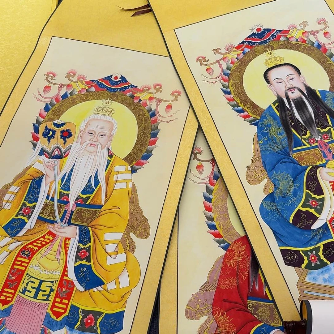 義***财国画三清祖师一副