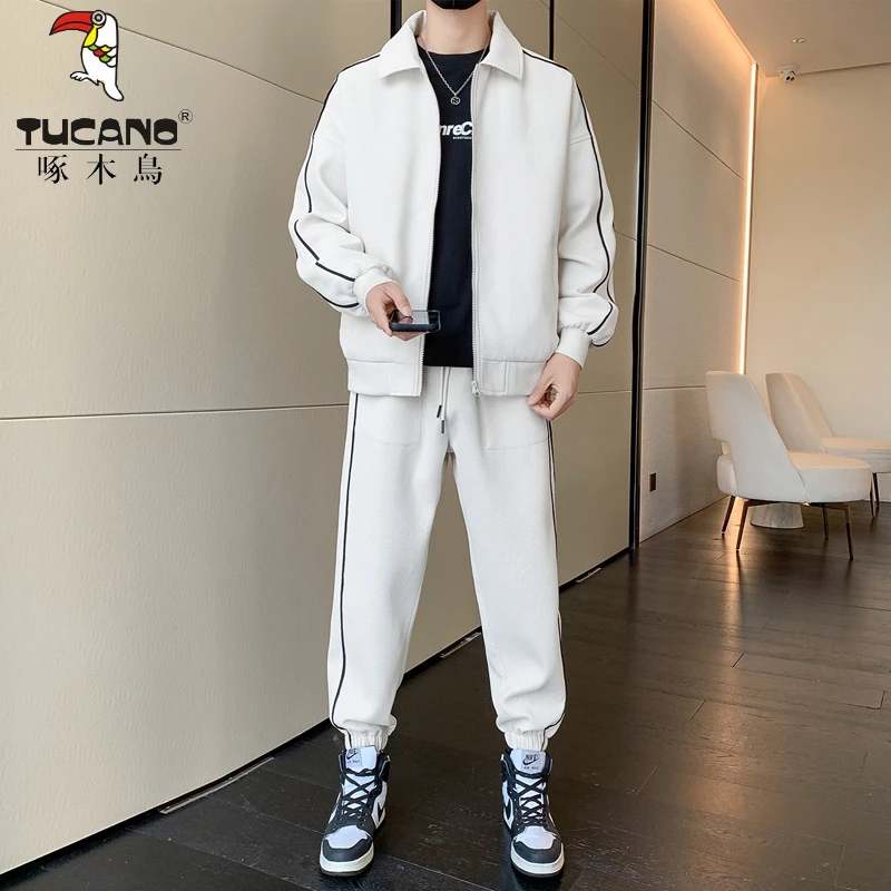 啄木鳥休闲套装男士春秋季宽松帅气夹克潮流搭配帅气运动服一整套