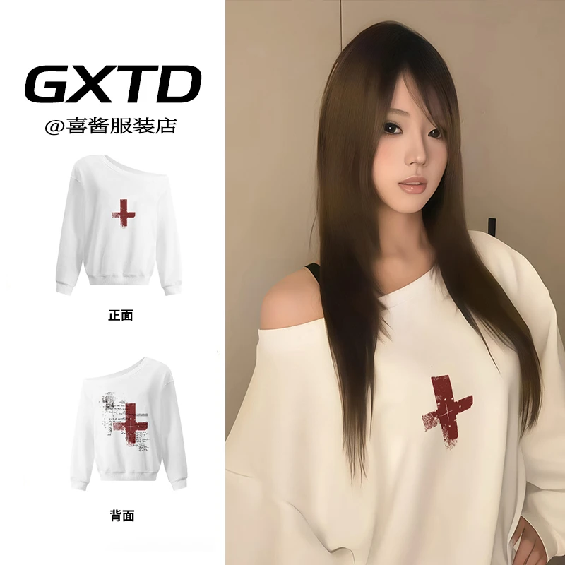 早秋ins十字架斜肩卫衣女慵懒感学院风时尚休闲百搭宽松一字肩女