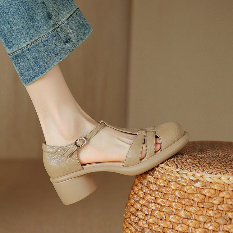 5CM 2025年夏季新款粗跟圆头厚底时尚百搭法式真皮包头凉鞋