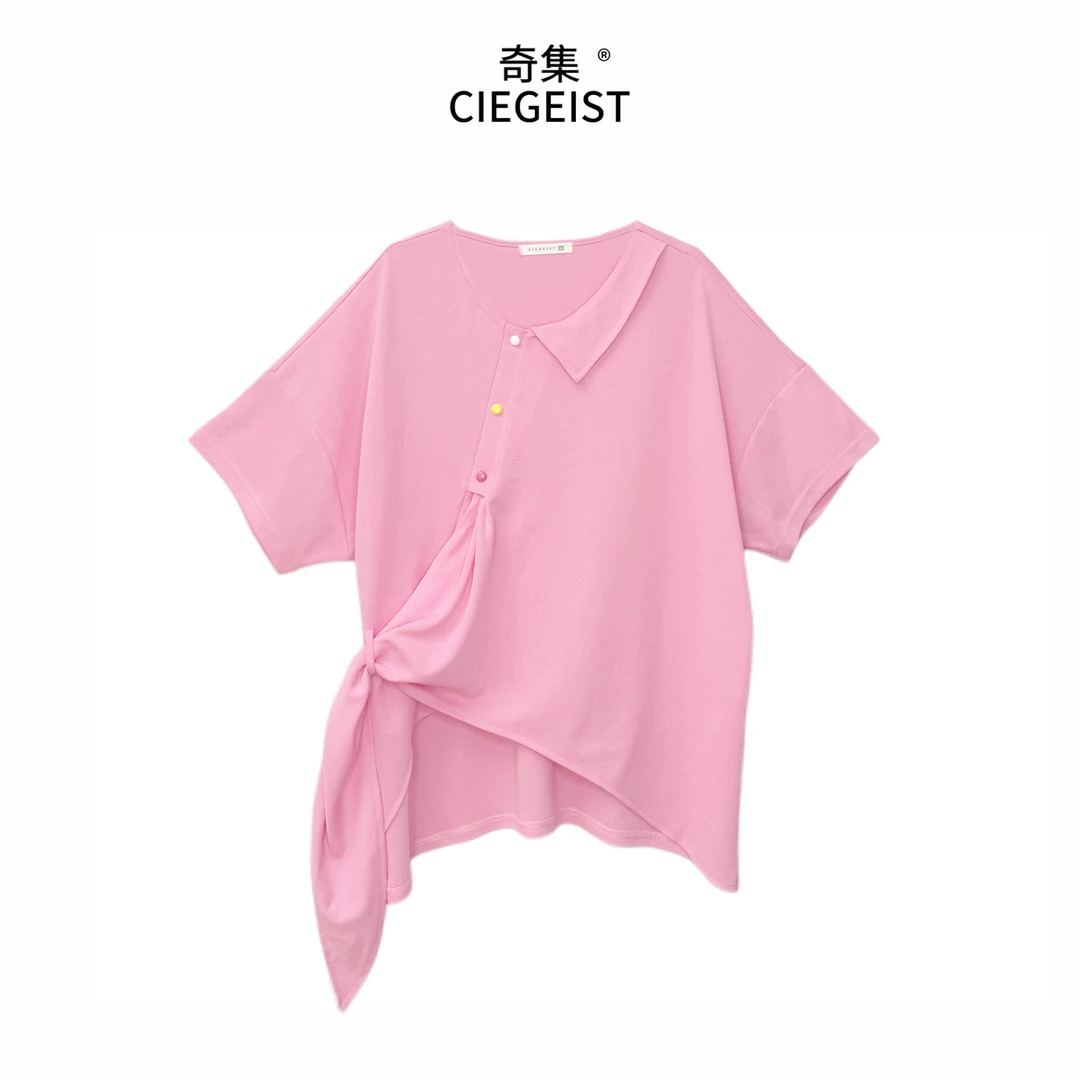 2025夏设计师款不规则下摆假开衫气质显瘦百搭单翻领短袖T恤6085