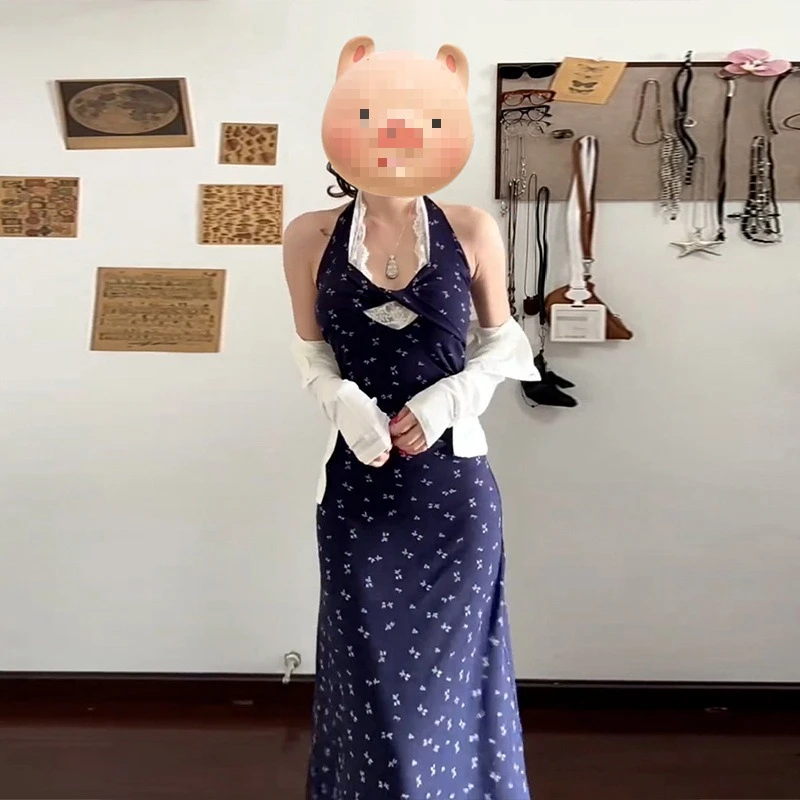 法式气质挂脖碎花裙连衣裙女夏季新款蕾丝休闲 拼接收腰字裙长裙