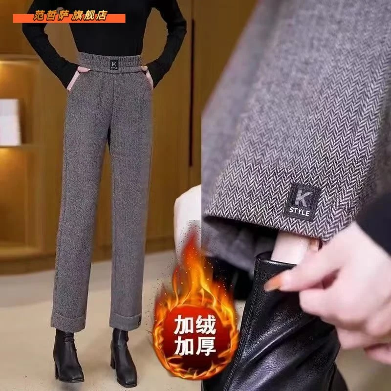毛呢直筒裤加绒加厚九分裤女秋冬宽松小女款秋冬高腰加绒直筒裤