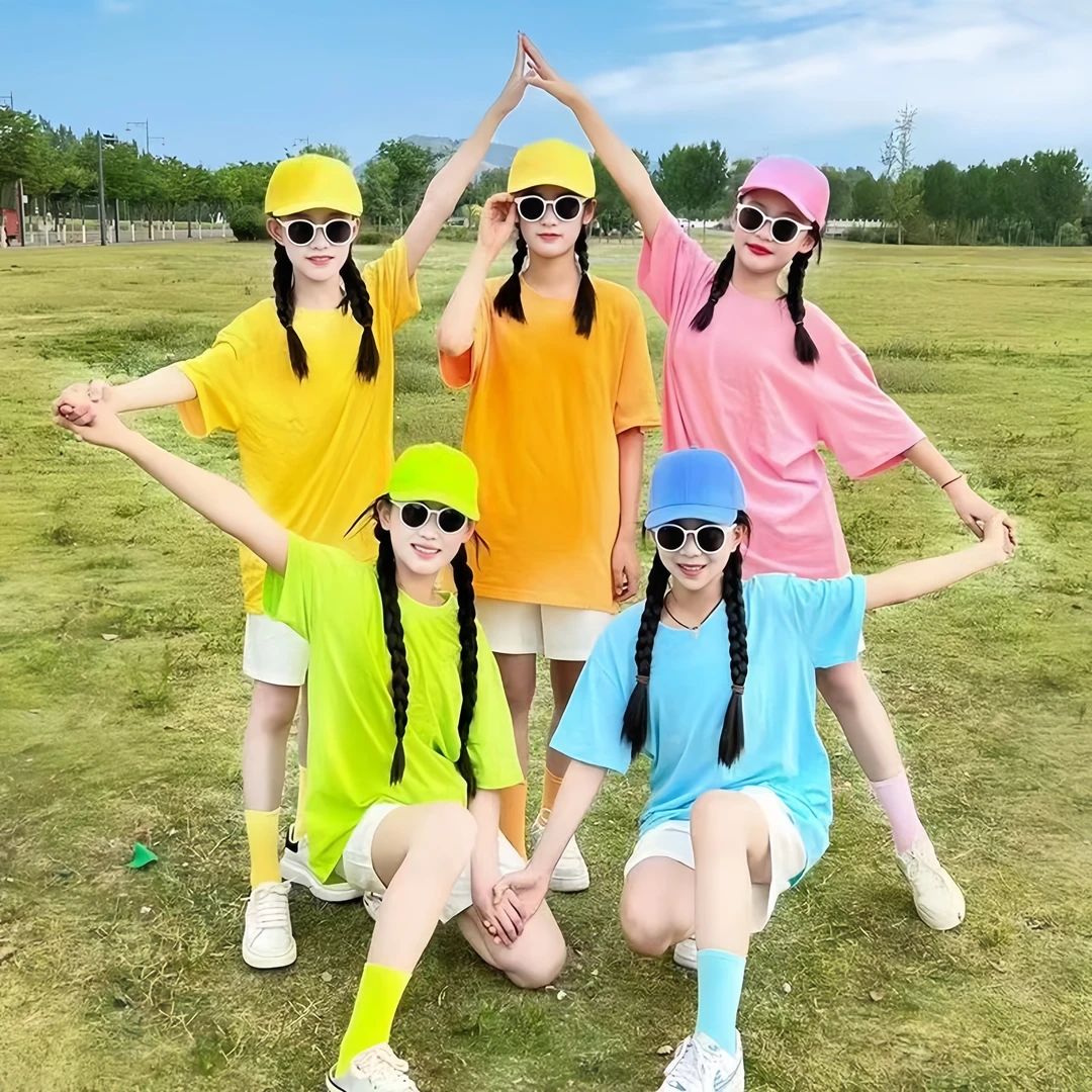 女士表演服糖果色短袖T恤宽松圆领女生舞蹈服班服彩色T恤闺蜜装