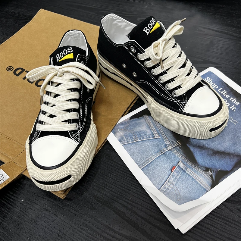 爆款2025新款帆布鞋男生鞋子男款休闲百搭板鞋黑色增高厚底潮鞋男