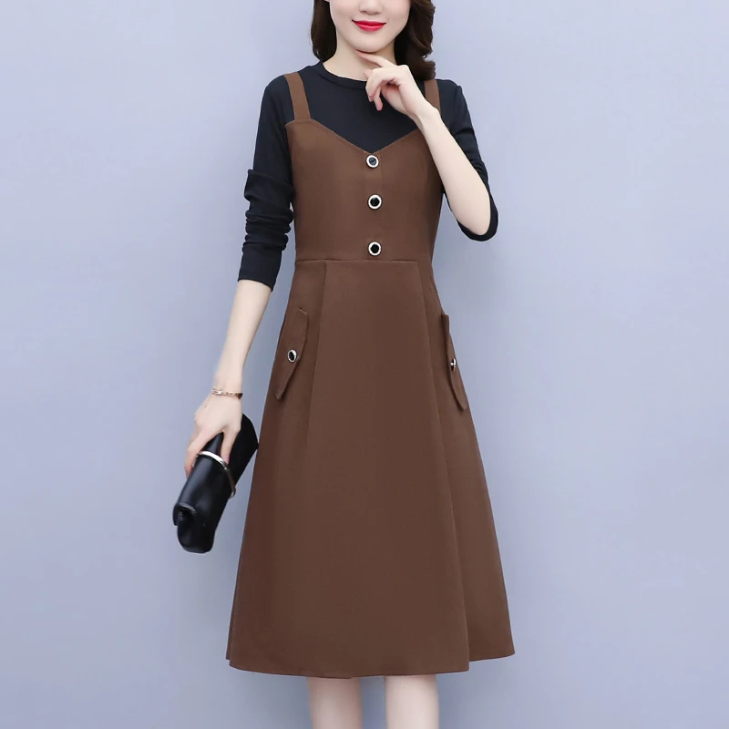 大码裙子2025秋季胖mm圆领假两件拼接修身显瘦时尚洋气茶歇连衣裙