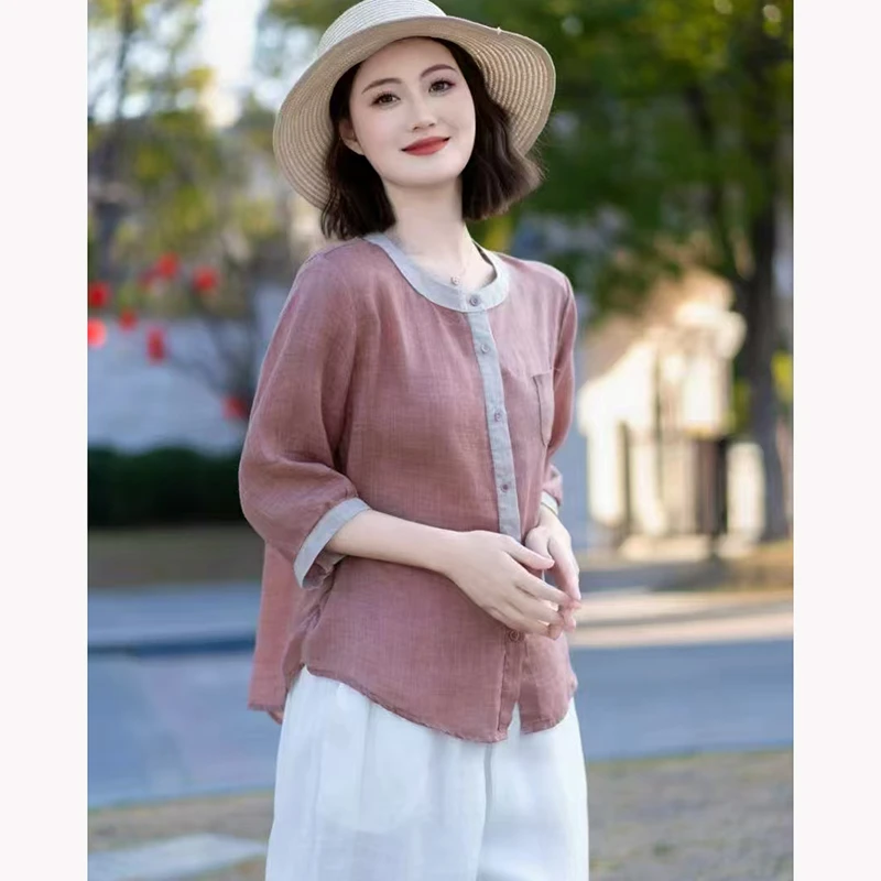 2025夏季拼色五分袖衬衫女洋气减龄宽松薄款小衫宽松显瘦上衣女