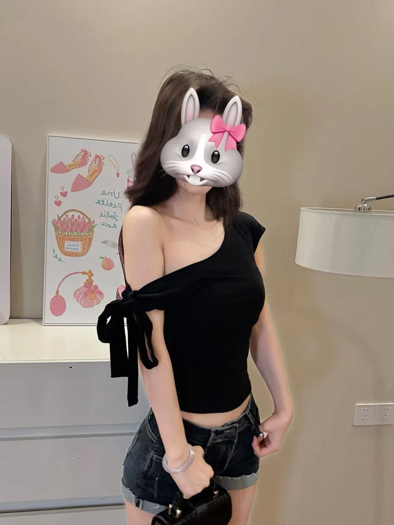 纯欲风蝴蝶结单边绑带露肩t恤女辣妹设计感修身显瘦短袖上衣