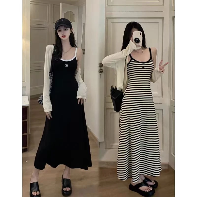 大码纯欲风方领条纹连衣裙2025新款胖mm开衫配吊带裙两件套装1798