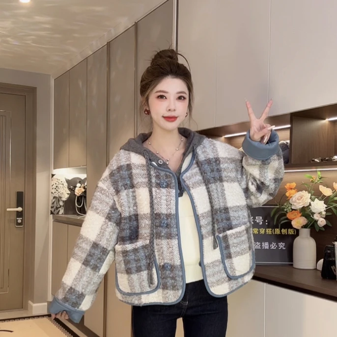 C503小香风撞色格纹羊羔毛女士冬季新款设计感外套1020米C503