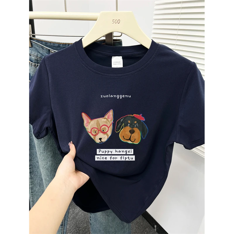 藏蓝色小狗印花正肩短袖女t恤夏季胖mm时尚大码遮肉圆领半袖上衣