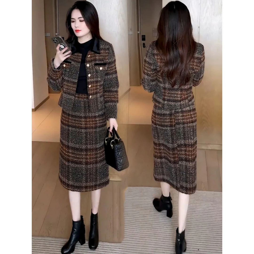 拉夏贝尔时尚小香风套装女2025秋季新款洋气格子外套后妈裙两件套