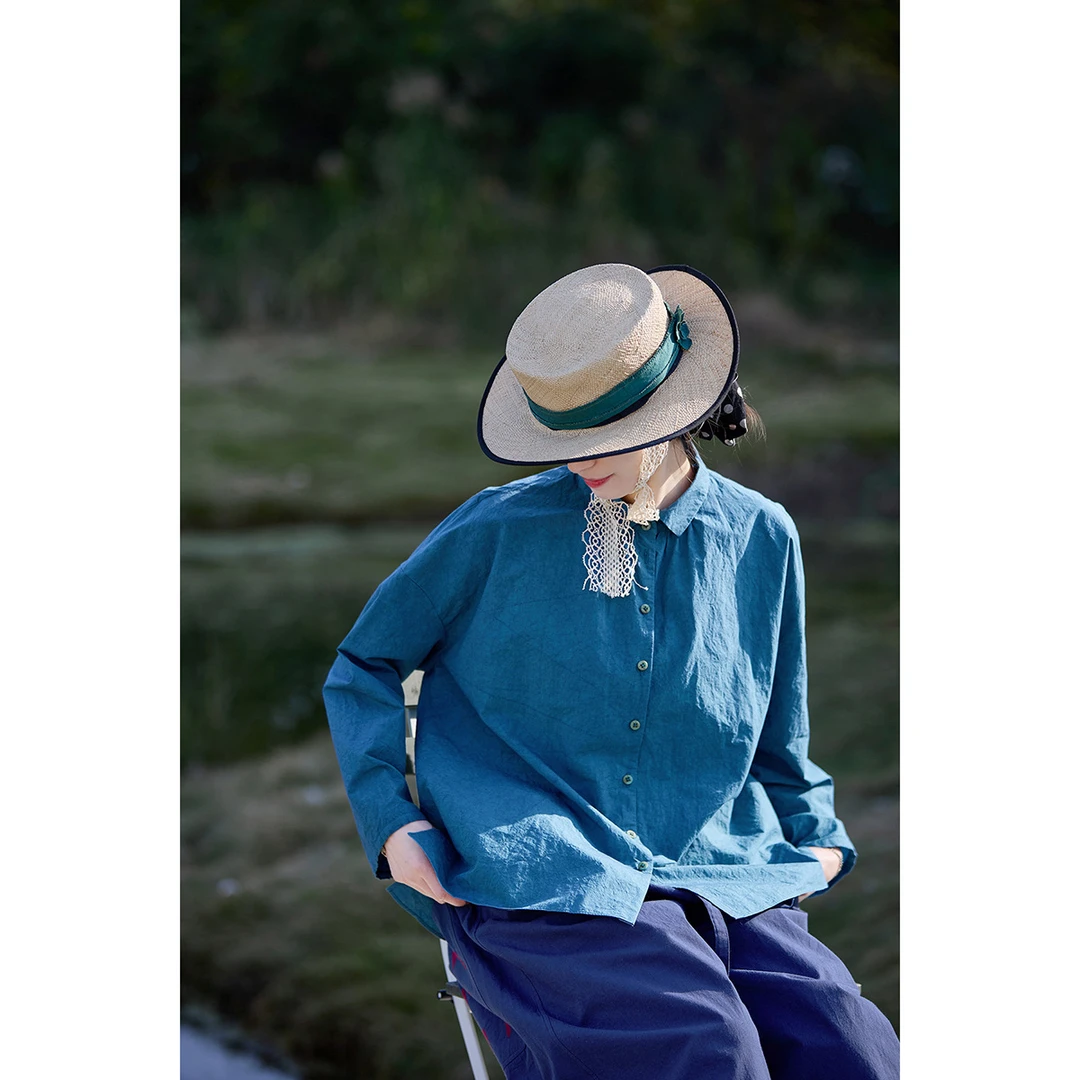 夏季新款文艺复古女装沧海蓝原创高级纯棉衬衣显瘦休闲翻领衬衫