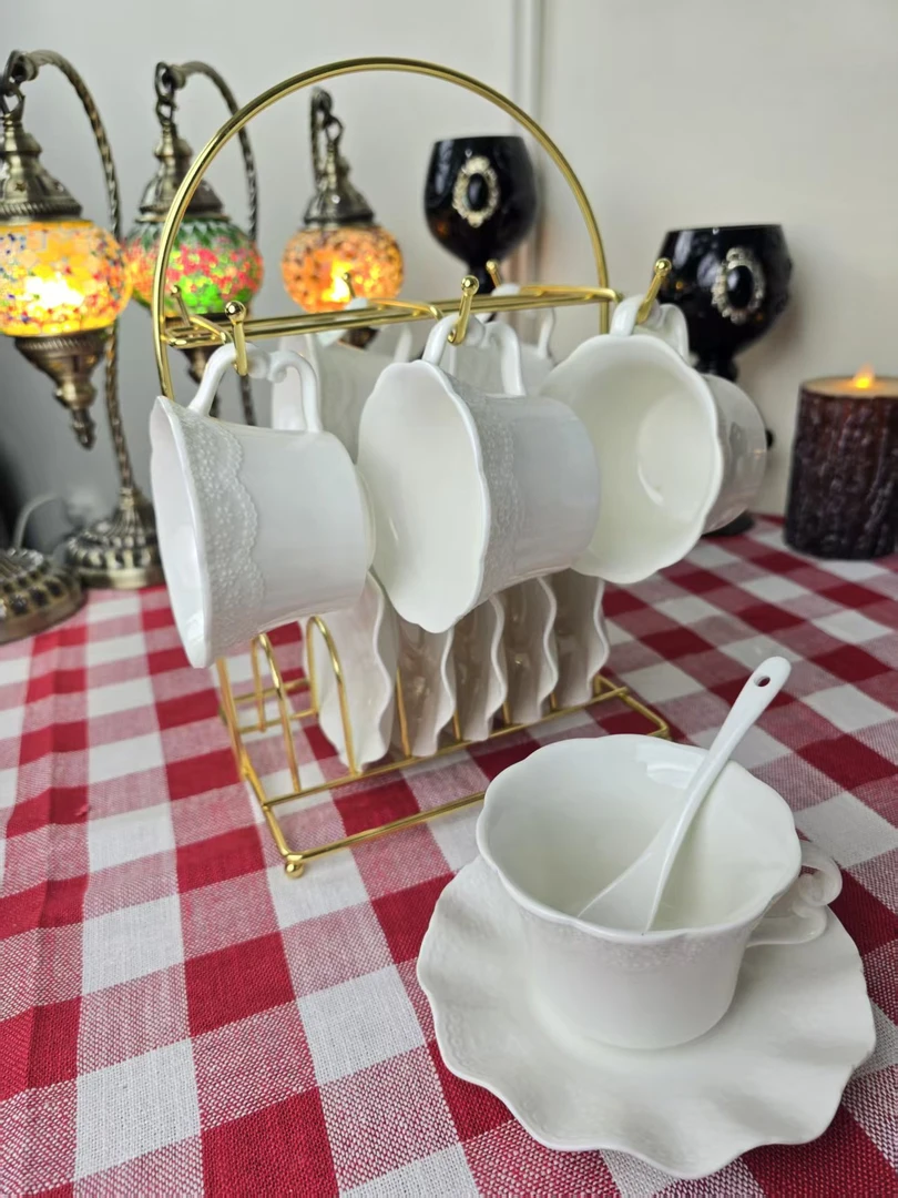 (hasoy新疆包邮）家用一架6杯6碟一套网红简约陶瓷杯碟架一套