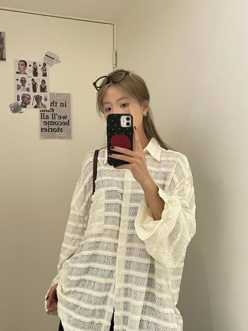 欧若风优雅宽松白色镂空长袖防晒衬衫防晒衫女款痞帅炸街风女装