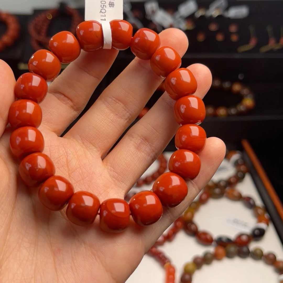 未镶嵌满肉正柿子红老型手串11m南红玛瑙