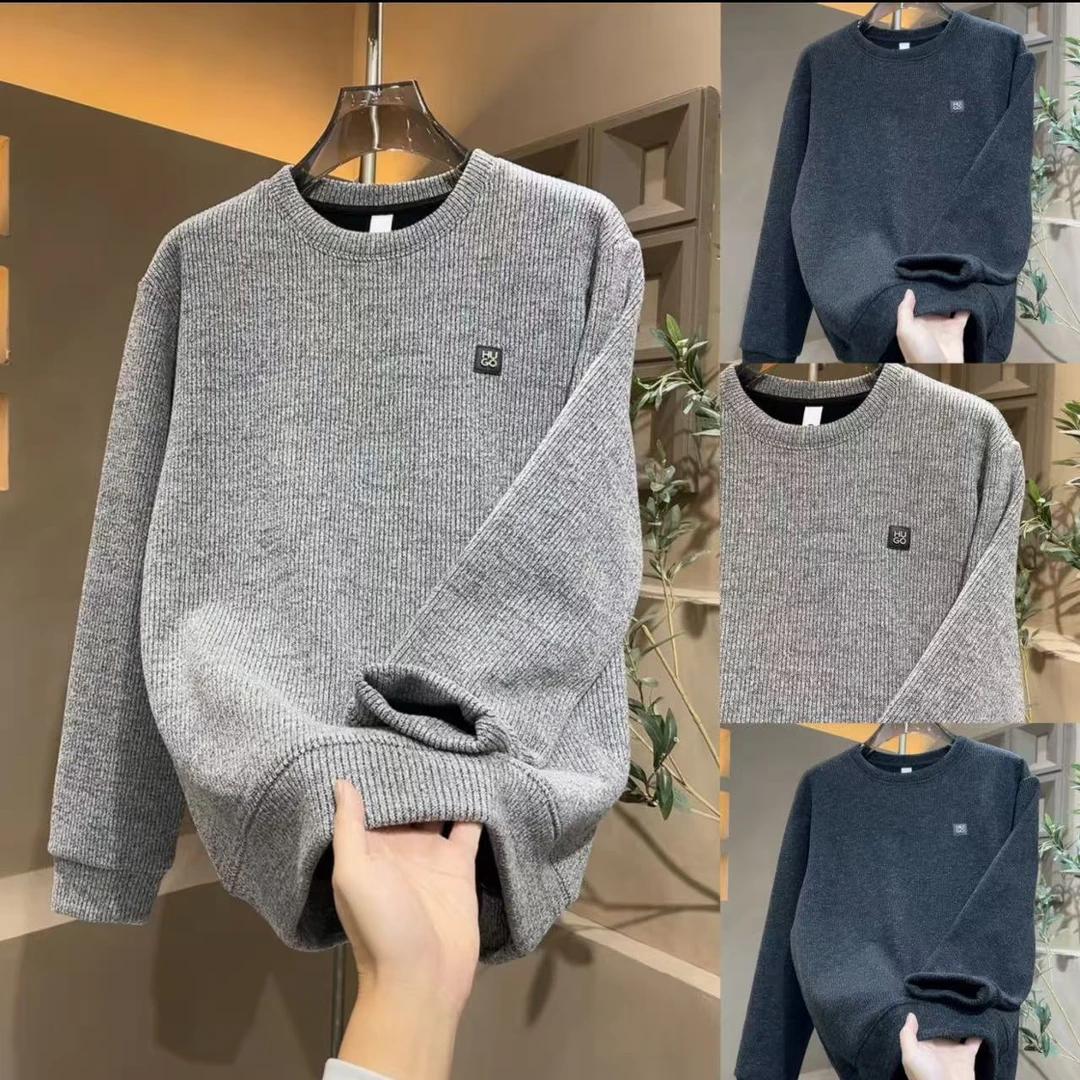 冬季新款加绒加厚圆领提花针织卫衣男生时尚百搭休闲打底衫上衣