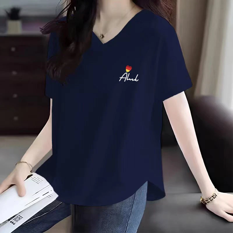 弧形下摆纯棉V领短袖t恤女夏季新款宽松大码显瘦遮肚子藏肉上衣服