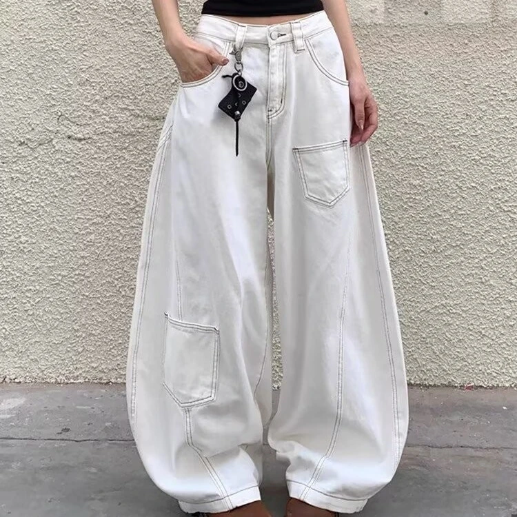 2025美式白色高腰弯刀牛仔裤夏季高街设计感宽松显瘦垂感阔腿裤潮