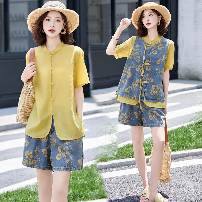 新中式国风印花牛仔短裤套装女夏新款韩系时尚洋气马甲衬衫三件套