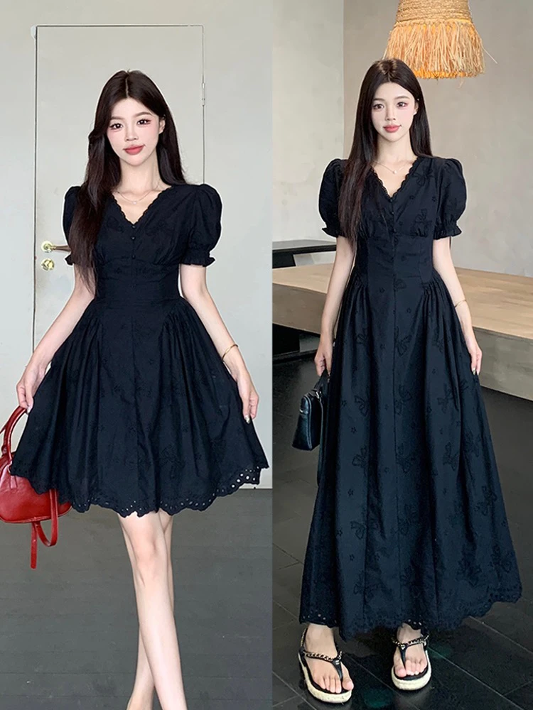 大码女装气质镂空拼接设计收腰小黑裙连衣裙