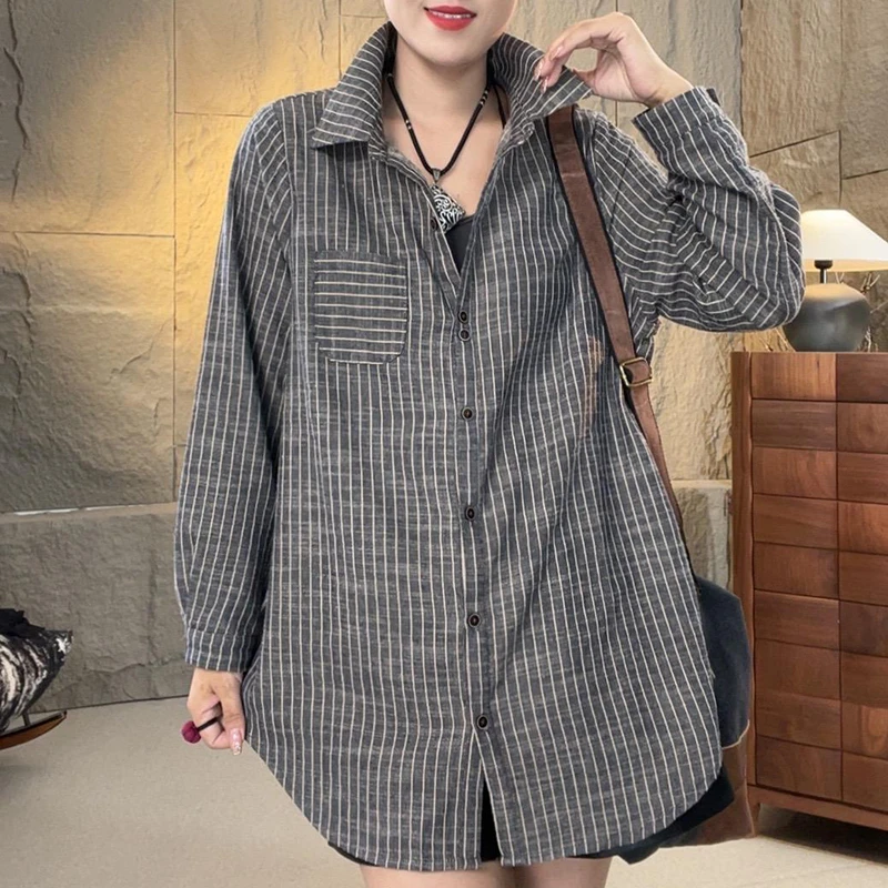 时尚条纹长袖衬衫女春款休闲女装C2025新款翻领宽松单排扣上衣女