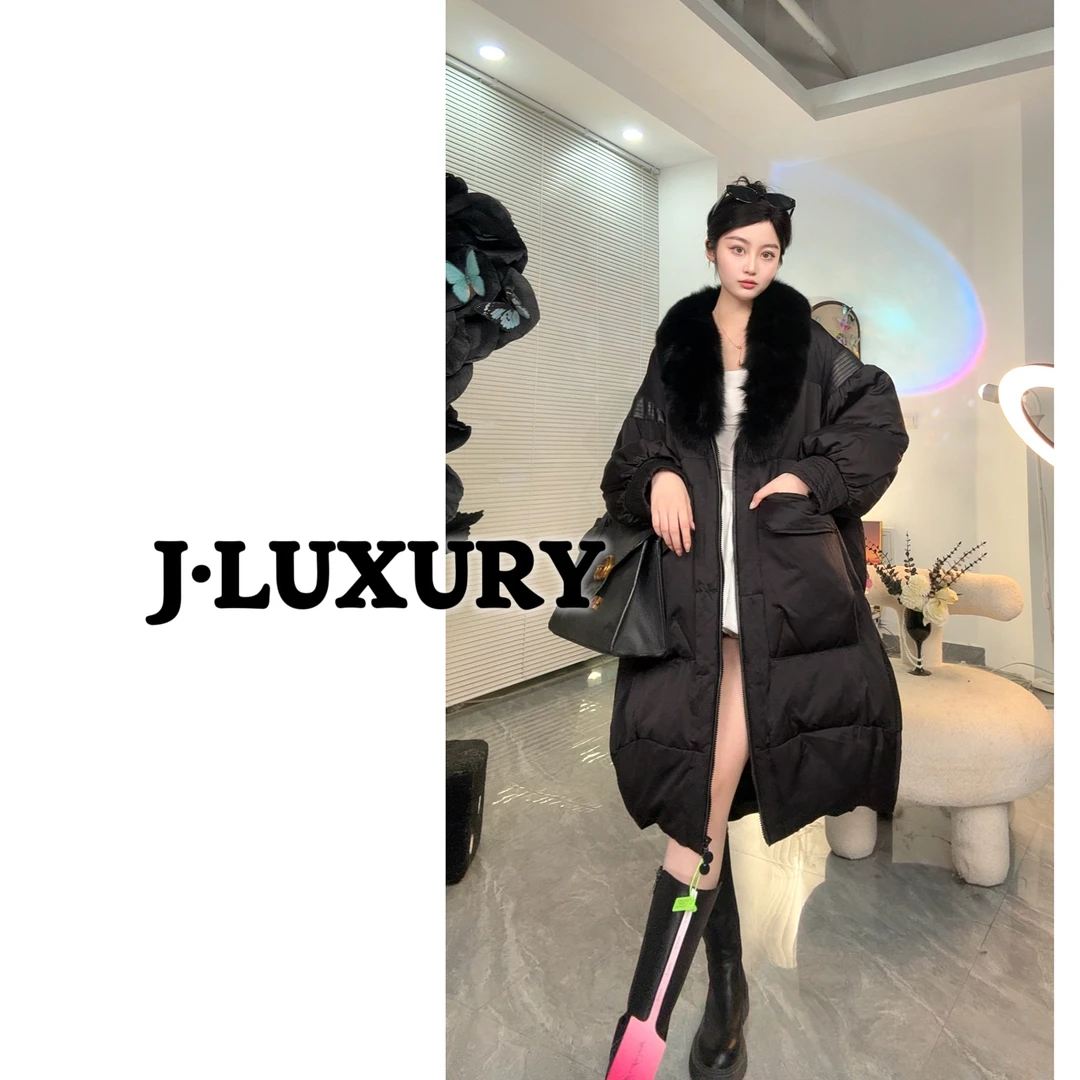 J•Luxury简奢皮草 冬季雅丹风羽绒服过膝狐狸毛领鹅绒服