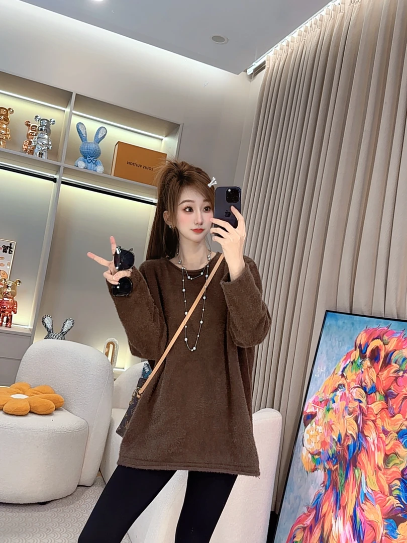 时尚百搭宽松显瘦保暖中长款水貂毛毛衣