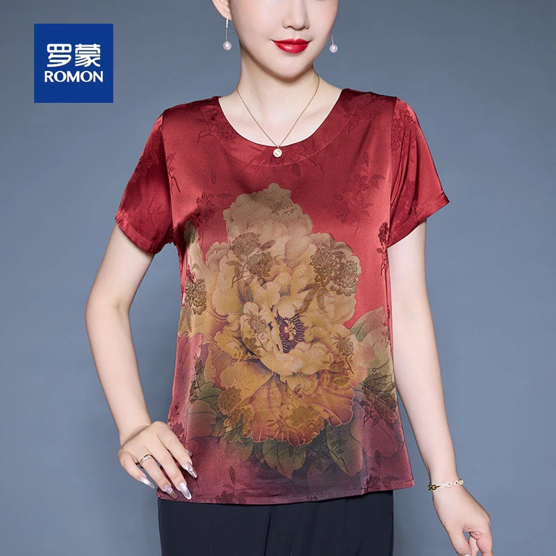 罗蒙中老年人夏装T恤衬衫套装女贵夫人奶奶装宽松气质雪纺小衫女