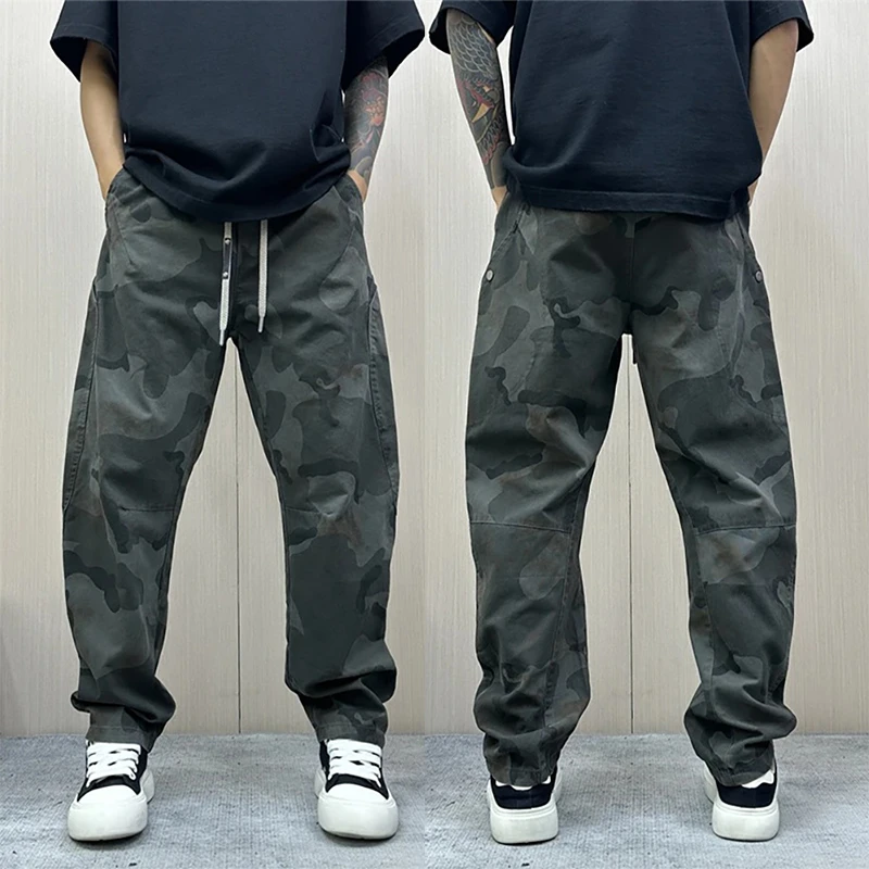 秋季新款男士百搭牛仔裤美式潮牌宽松直筒裤痞帅潮流工装迷彩裤