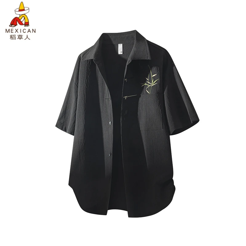 Mexican/稻草人夏季新款男士国风绣花短袖衬衣休闲时尚潮流短袖