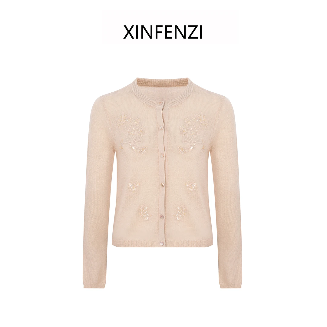 【一见倾心】XINFENZI 小圆领亮片刺绣软糯羊驼开衫毛衣 35562