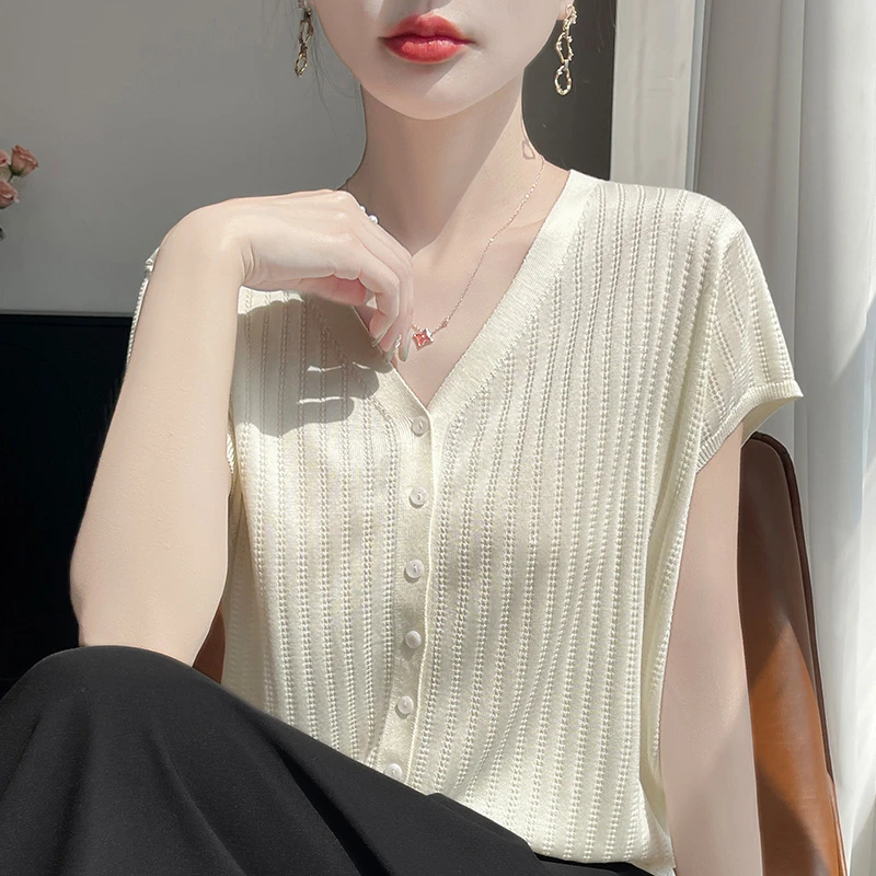 高级感透气短袖T恤莱赛尔夏季新款宽松显瘦针织开衫V领薄款上衣潮