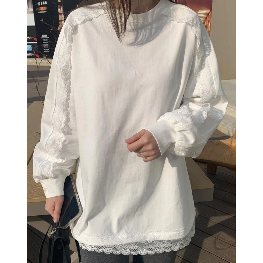 2025年法式女装袖子蕾丝钩花加绒卫衣T冬款时尚百搭白色休闲宽松