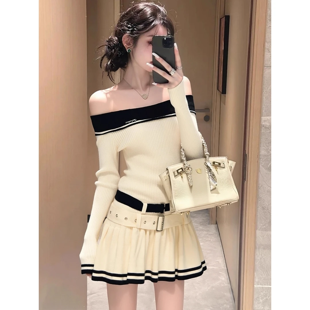 纯欲风精致高级感清冷富家千金穿搭秋季新款显瘦一字肩针织连衣裙