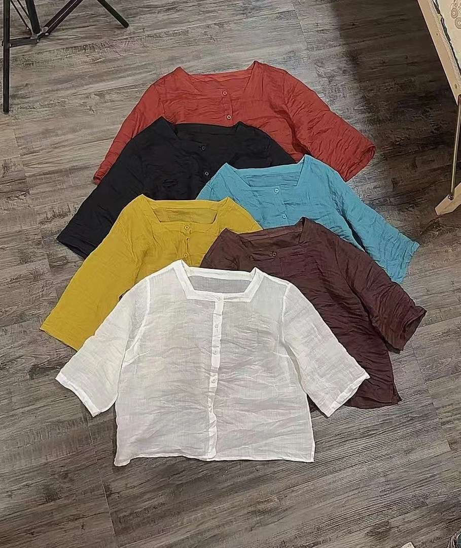 067夏季新款苎麻方领短袖开衫（衣长55 胸围110左右）