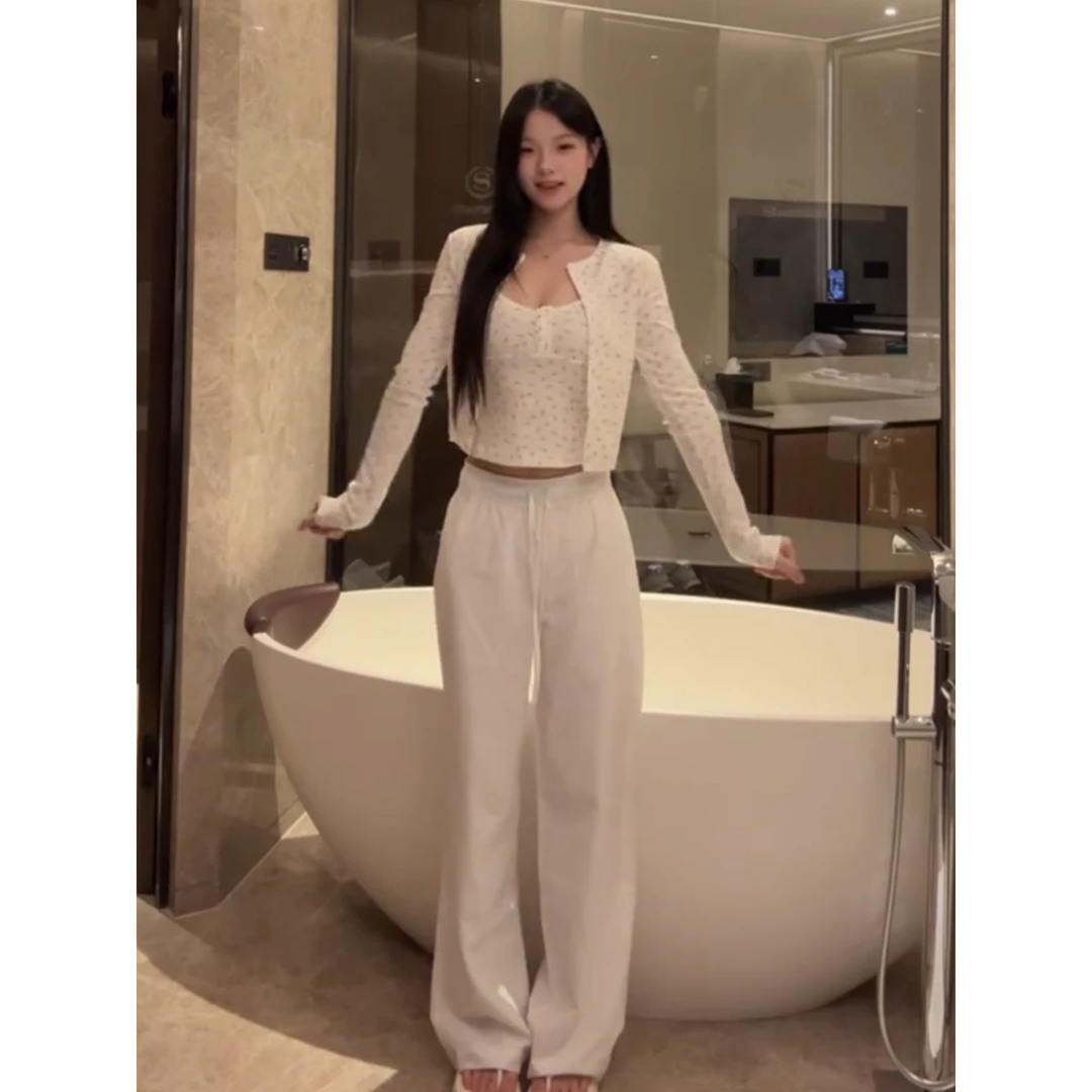 韩版修身辣妹吊带背心小碎花睡衣女秋季新款长袖长裤家居服三件套