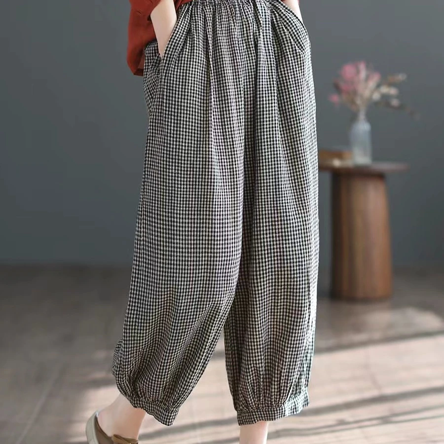 格子灯笼裤女夏装新款松紧腰显瘦休闲裤宽松百搭棉麻九分裤妈妈薄