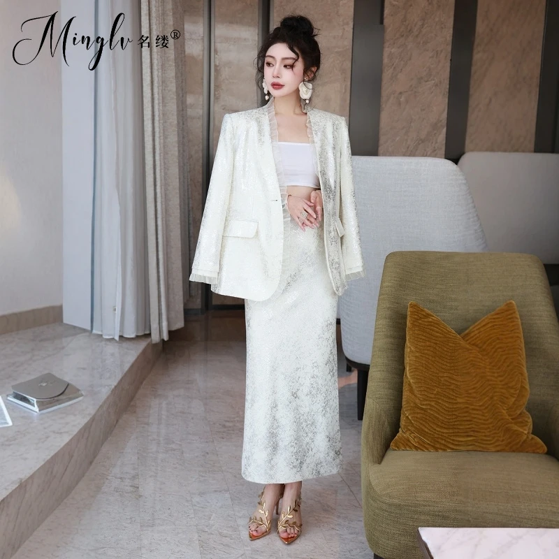 2025新款设计感重工提花烫金收腰西服女职业高定名媛气质时尚套装