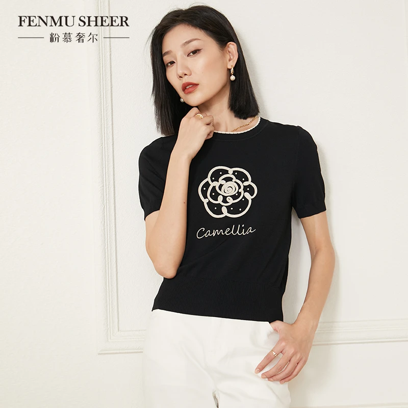 粉慕奢尔『山茶花』冰丝立体刺绣山茶花圆领黑色百搭针织衫W1357