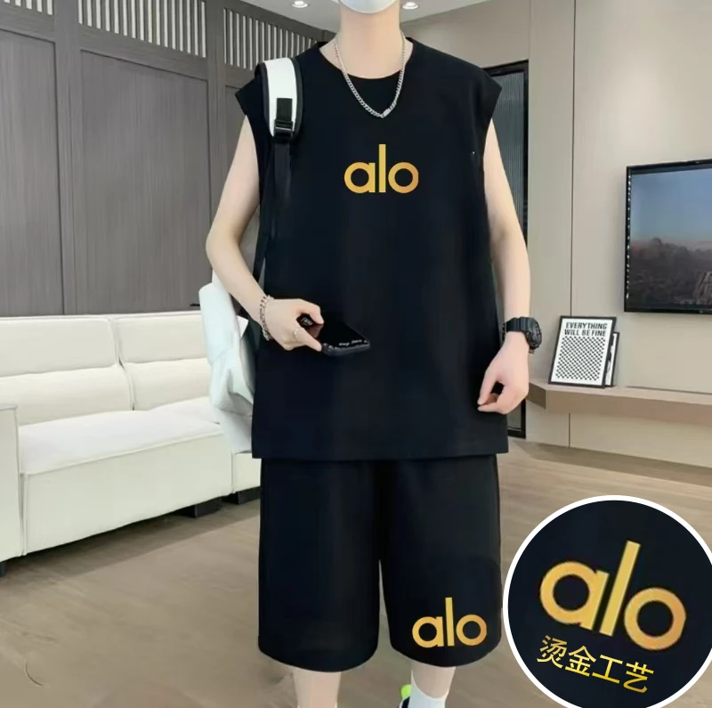 aIo纯棉【大牌专柜】夏季背心烫金男女款圆领运动休闲百搭宽松套装