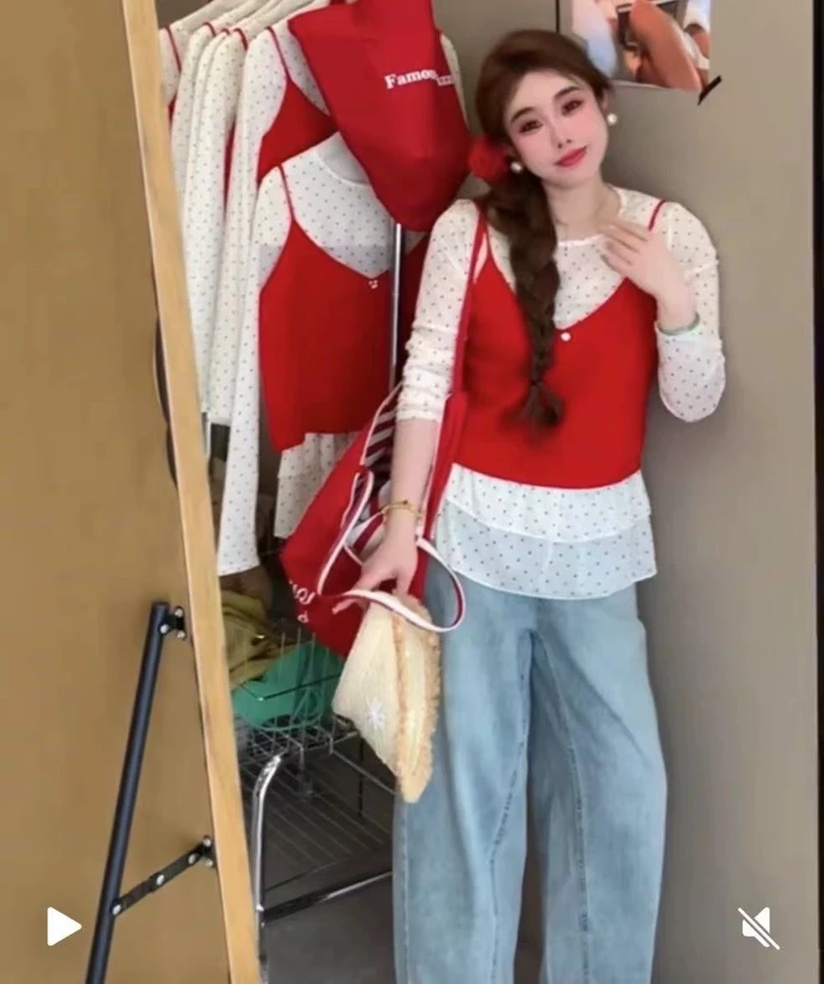 大码韩系菲边波点上衣吊带背心两件套5036