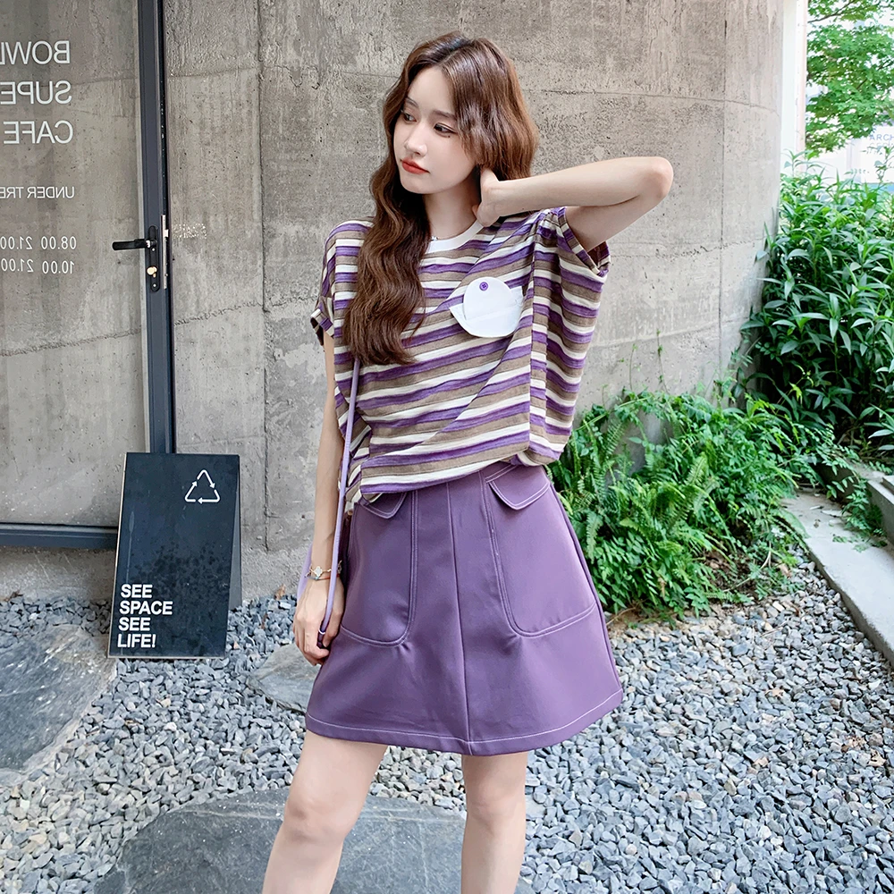 韩系甜妹夏日穿搭一整套女2025年夏季撞色条纹T恤半身短裙两件套