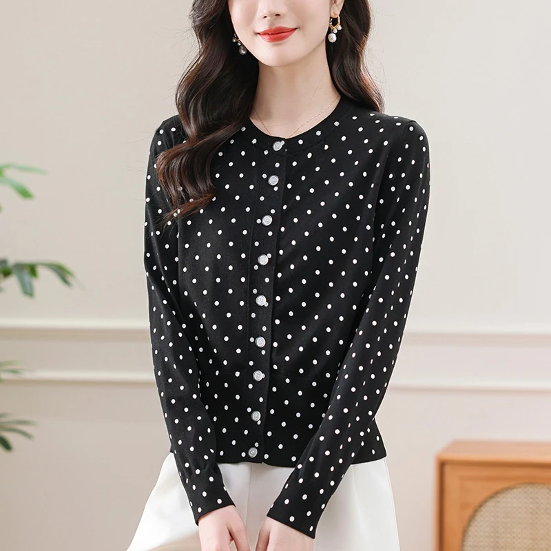 时尚洋气波点外套女夏季薄款2025新款上衣百搭漂亮冰丝针织衫开衫