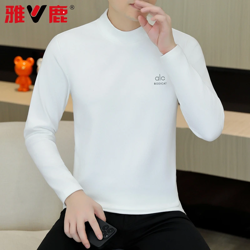 雅鹿男士德绒保暖卫衣秋冬半高领打底衫中领内搭字母长袖恤上衣