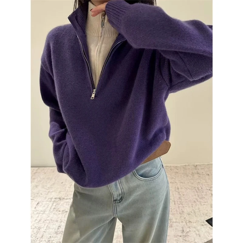 毛针织衫半开领拼色女毛衣时尚套头休闲高领网红连帽宽松打底