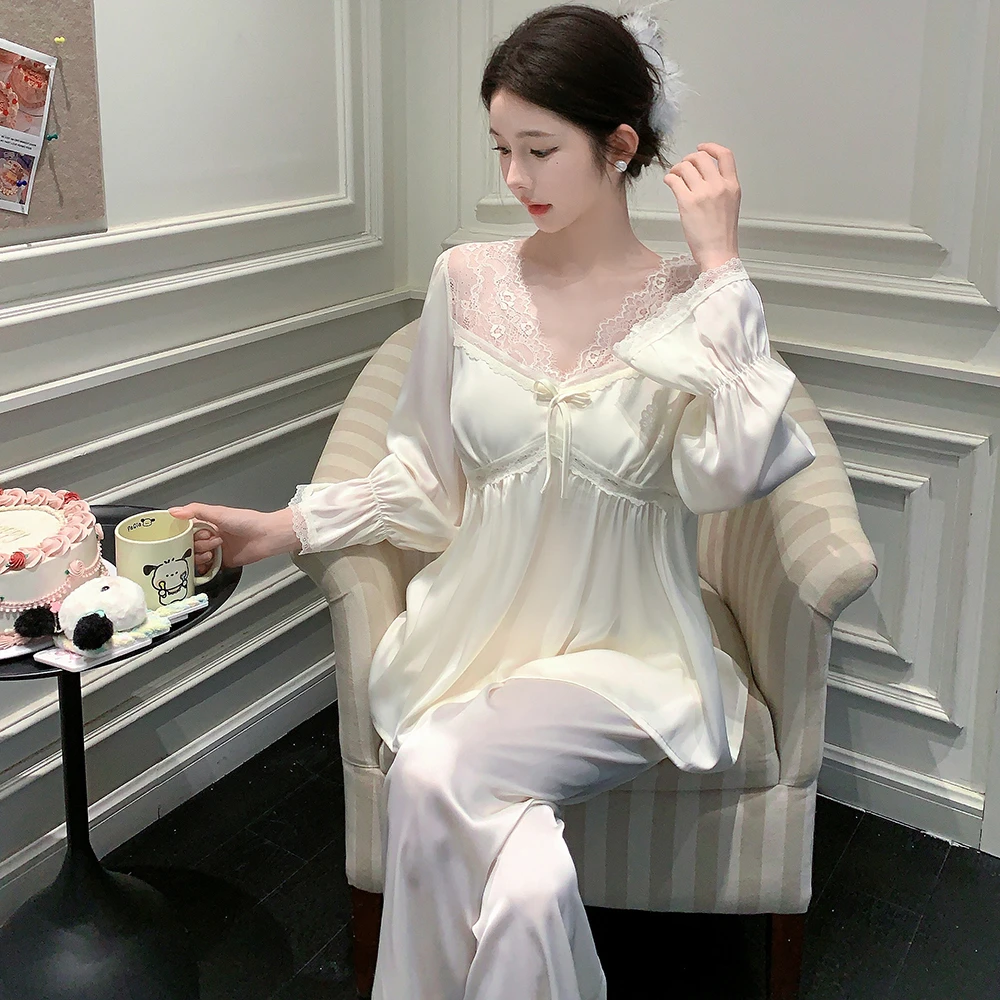 蕾丝蝴蝶结睡衣套装冰丝长袖长裤春秋季女士家居服网红舒适韩版