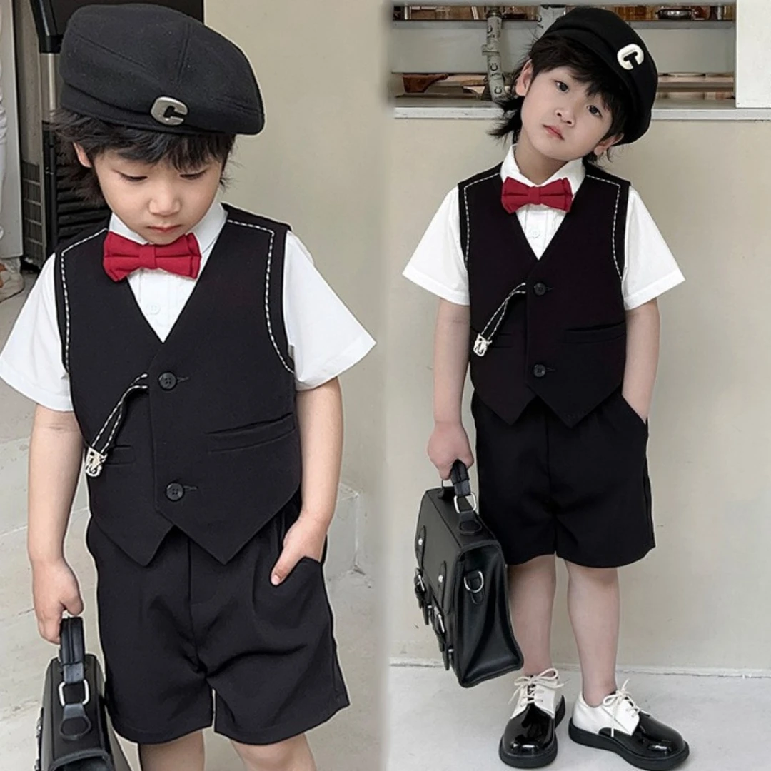 男童马甲短袖西装套装夏季2025新款韩版帅气休闲儿童礼服夏款西服